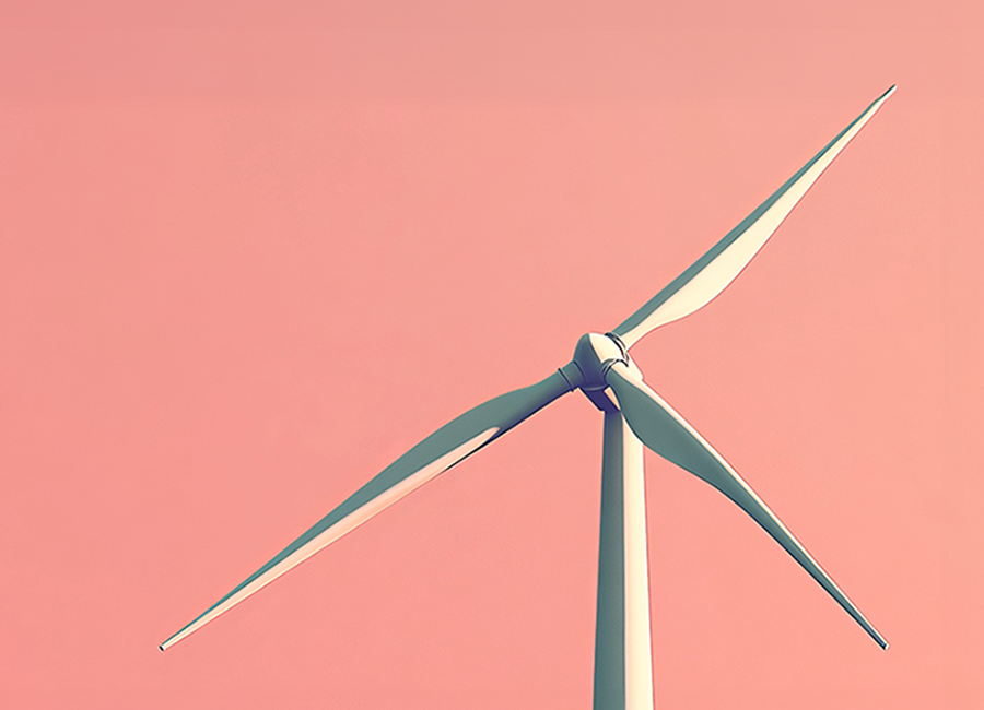 Modern wind turbine against a pink sky – symbol of renewable energies, technological innovation, and the transformation of the energy industry.