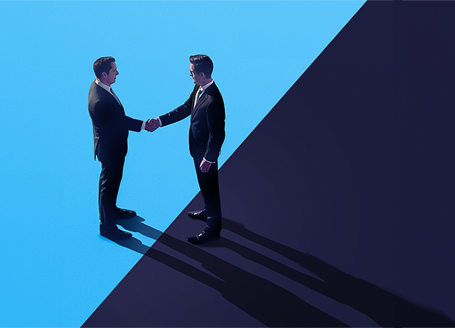 Zwei Business-Personen beim Handschlag vor abstraktem Hintergrund – symbolisiert Einigung, Vertrauen und erfolgreichen Abschluss von M&A-Transaktionen.